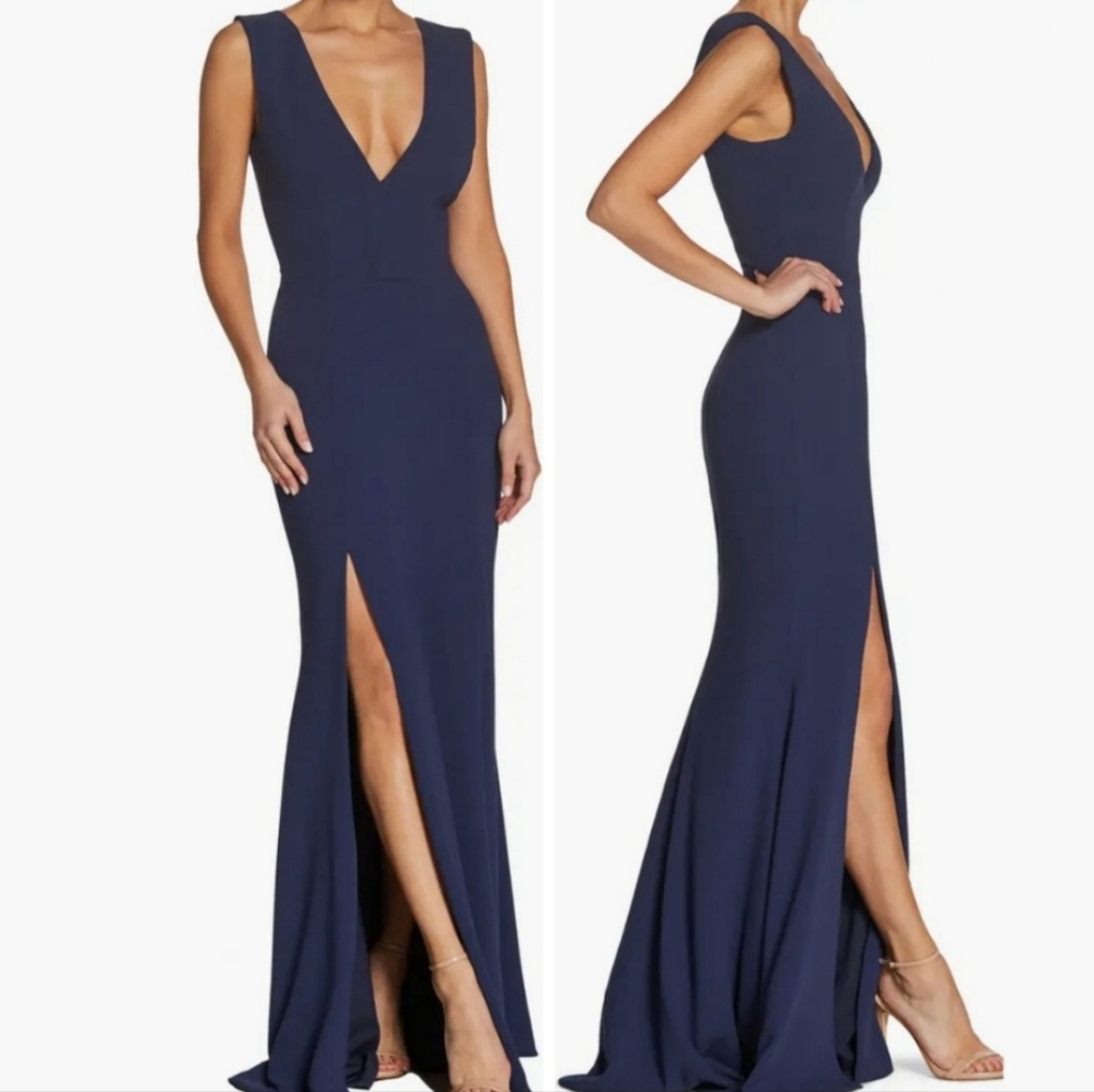 Dress the Population Deep Navy V-Neck Maxi Gown with Front Slit